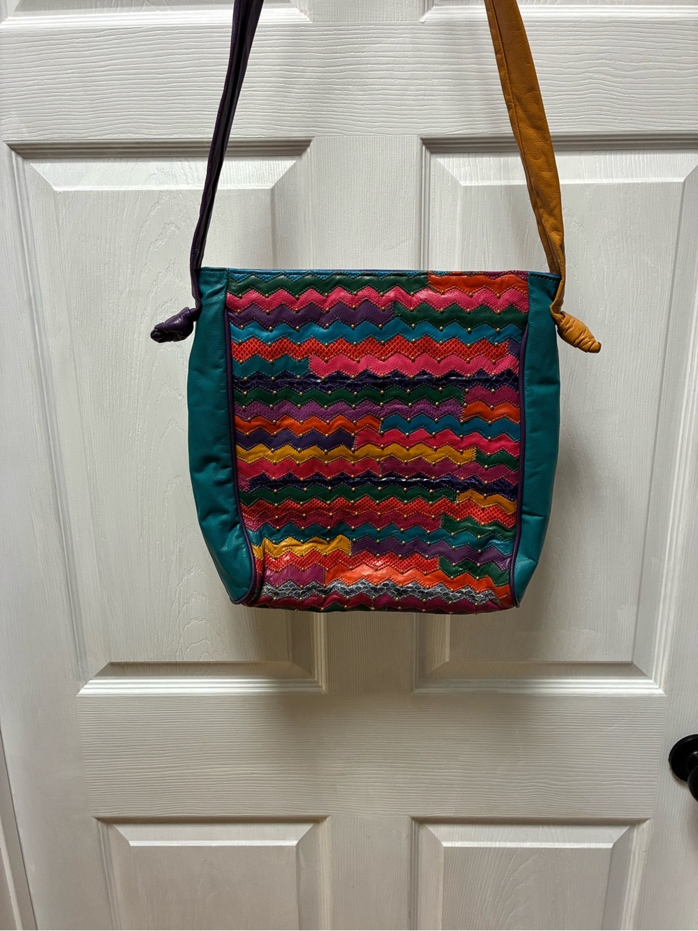 Bags by Pinky Vintage Vibrant Multicolor Chevron Crossbody Bag with Teal Sides